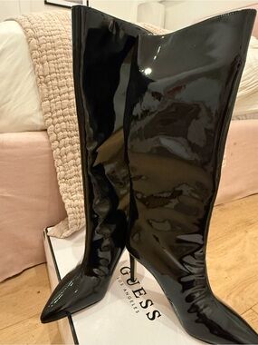 Guess Black Patent Over-the-Knee Pointed Toe Boots